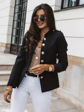 Aurohaya Short Officer Jacket for Women Button-Up Stand Collar Elegant Polyester Blazer